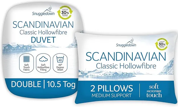 image of Snuggledown Scandinavian Hollowfibre 10.5 Tog Duvet and Pillow Set White