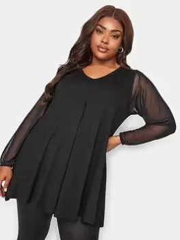 Image of Yours Yours Long Sleeve Pleat Swing Top Mesh Sleeve, Black, Size 16, Women