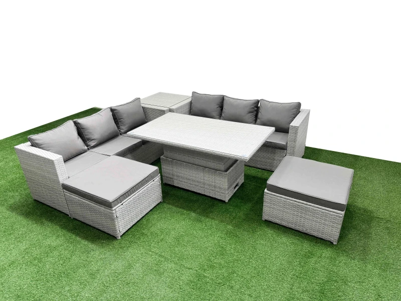 Image of Fimous 6 Pcs Rising Dining Table Set Rattan Furniture Set With 3 Seater Sofa 2 Big Footstools Side Table Light Grey