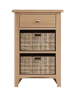 image of K-Interiors Bates Ready Assembled Solid Wood 1 Drawer, 2 Basket Lamp Table - Oak