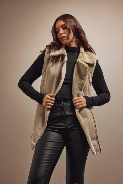 image of Tall Faux Fur Trim Aviator Gilet