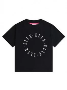 Image of Elle Girls Circle Logo Boxy T-Shirt - Black, Size Age: 8-9 Years, Women