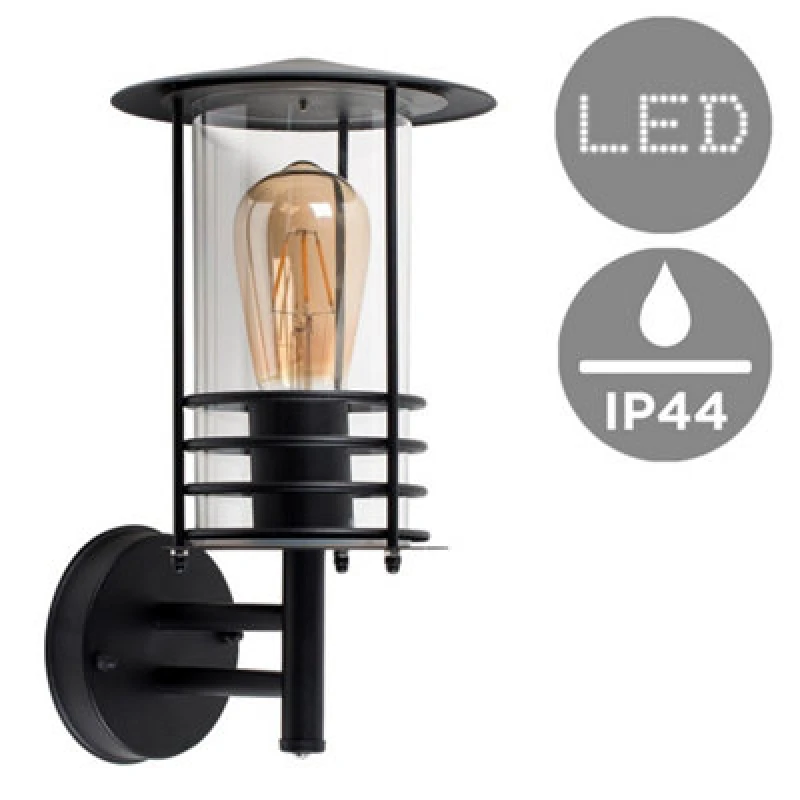 Image of ValueLights Dorset IP44 Outdoor Black Wall Lantern with Filament Bulb Black