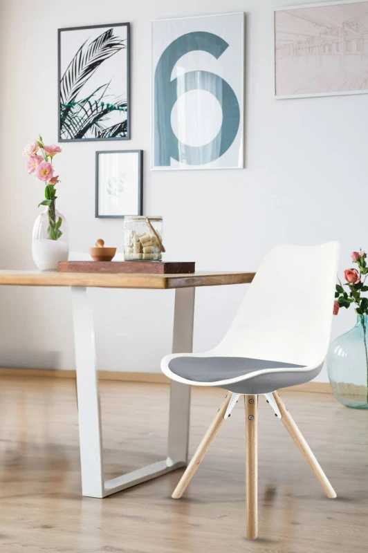 Image of Fusion Living Soho Plastic Dining Chair with Pyramid Light Wood Legs Dark Grey