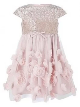 image of Monsoon Baby Girls Sequin 3D Roses Dress - Dusky Pink