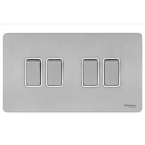 Image of Schneider Electric Ultimate Screwless Flat Plate - 4 Gang Rocker 2 Way Light Switch, Single Pole, 16AX, GU1442WSS, Stainless Steel with White Insert