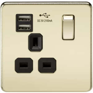 image of KnightsBridge 1G 13A Screwless Polished Brass 1G Switched Socket with Dual 5V USB Charger Ports - Black Insert