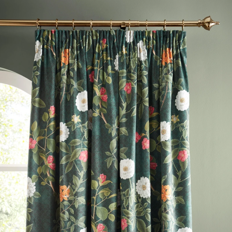 Image of RHS 'Arcadia Floral' Soft Touch Recycled Polyester Velour Pencil Pleat Curtains Green