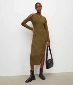 Image of AllSaints Womens Daina Merino Wool Dress, Khaki Black Twist, Size: L