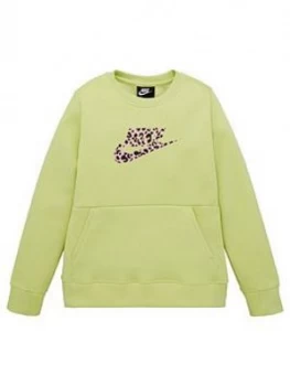 Image of Nike Older Childrens Crew Print Sweat - Green Pink, Green/Pink, Size L, 12-13 Years