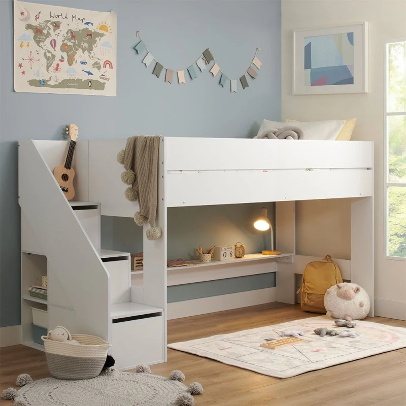 Image of Flair Olivia Mid Sleeper Bed with Shelves & Storage Stairs in White Size: Single White Unisex Single
