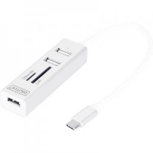 Image of Digitus DA-70243 3 ports USB 2.0 hub + USB C connector, Aluminium casing, + OTG function, + built-in SD card reader, Steel casing Aluminium