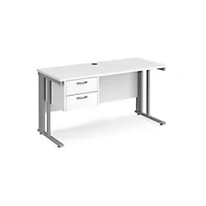 Image of Rectangular Straight Desk White Wood Cable Managed Legs Silver Maestro 25 1400 x 600 x 725mm 2 Drawer Pedestal