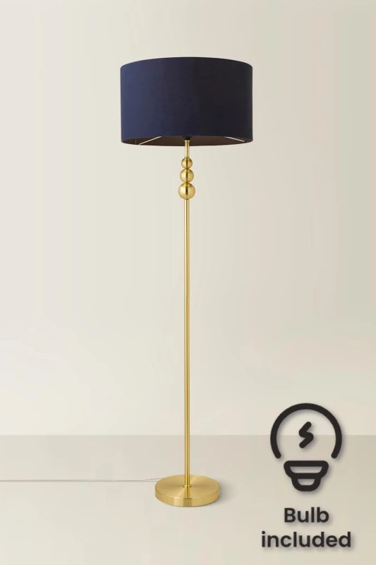 Image of ValueLights ValueLights Marissa Fabric Drum Shade with Brushed Gold Ball Floor Lamp with Bulb in Navy Navy One Size Unisex 5059406051845
