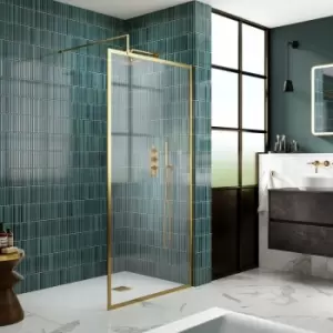Image of Hudson Reed Full Outer Framed Wetroom Screen 800mm W x 1950mm H with Support Bar 8mm Glass - Brushed Brass