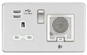 Image of Screwless 13A socket, USB chargers (2.4A) and Bluetooth Speaker - Brushed chrome with white insert