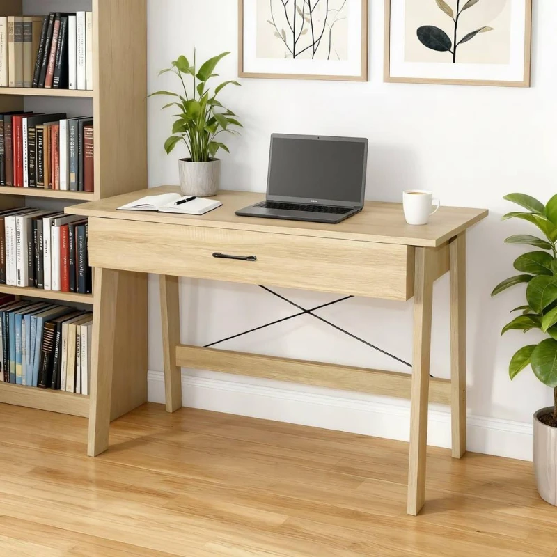 Image of Home Source Winston 1 Drawer Desk Computer Oak Office Table Workstation in Light Oak Light Oak Unisex