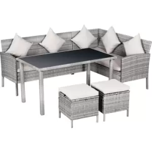 Image of Outsunny Garden Outdoor 5 PCs Patio Rattan Corner Dining Set 6 Seater Wicker Sofa, Foot Stool, Dining Table with White Cushions - Mixed Grey