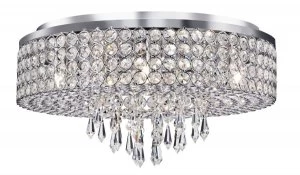 image of 9 Light Flush Ceiling Light Chrome with Hanging Crystal Glass Deco, G9