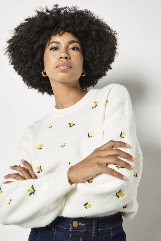 Image of Apricot Womens Embroidered Lemon Jumper in Cream Size: 14 Cream Female 14
