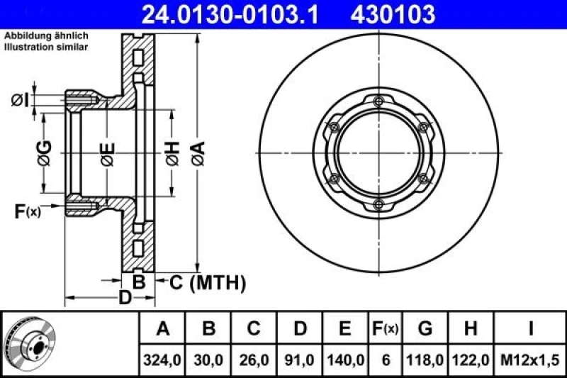 Image of ATE 24.0130-0103.1 Brake disc Vented, Alloyed/High-carbon Brake Disc (82)