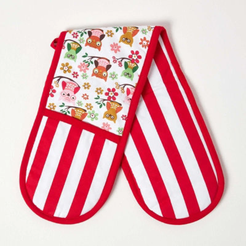 Image of Homescapes Red Owls Cotton Double Oven Glove Red unisex