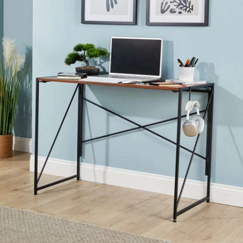 Image of Home Source Brampton Folding Dark Oak Compact Desk Storage Hook Wood And Metal Home Office Workstation