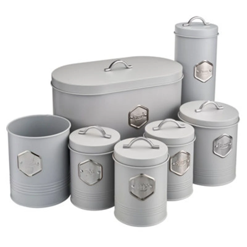 Image of Cooks Professional 7Pc Tea Coffee Sugar Bread Biscuit Pasta & Utensil Cannister Set - Labelled Kitchen Storage Tins - Grey/silver