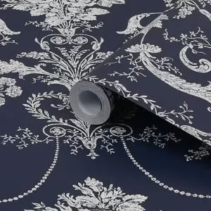 Image of Laura Ashley Josette Midnight Damask Smooth Wallpaper