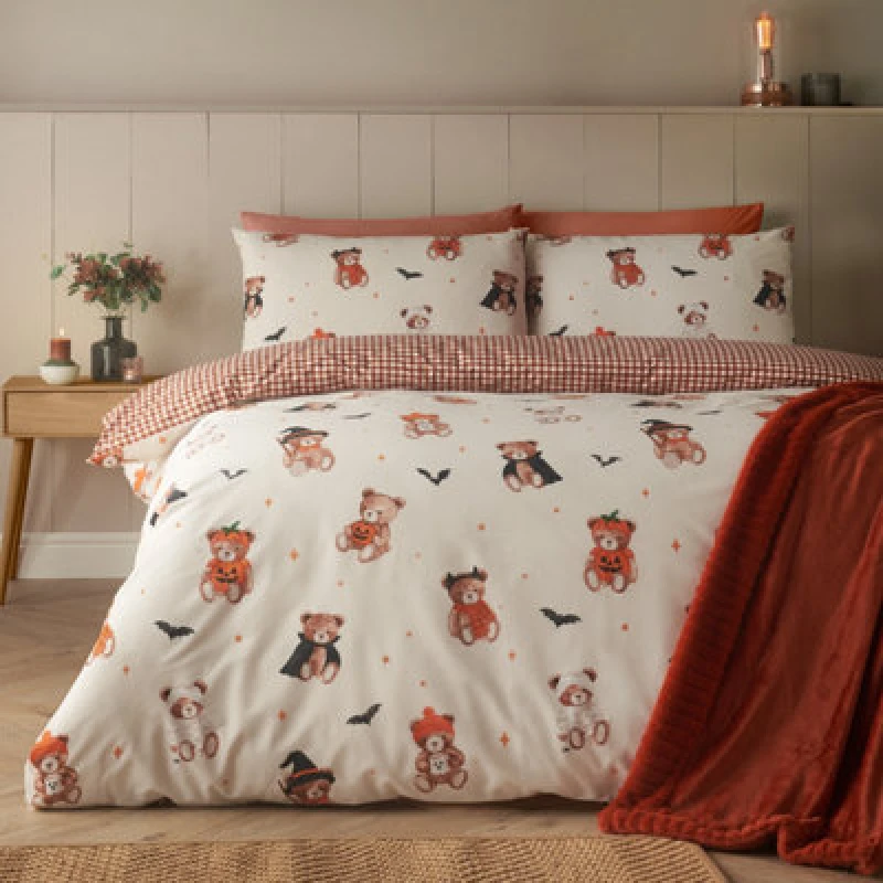 Image of Catherine Lansfield Scare Bears Reversible Double Duvet Cover Set With Pillowcases Cream