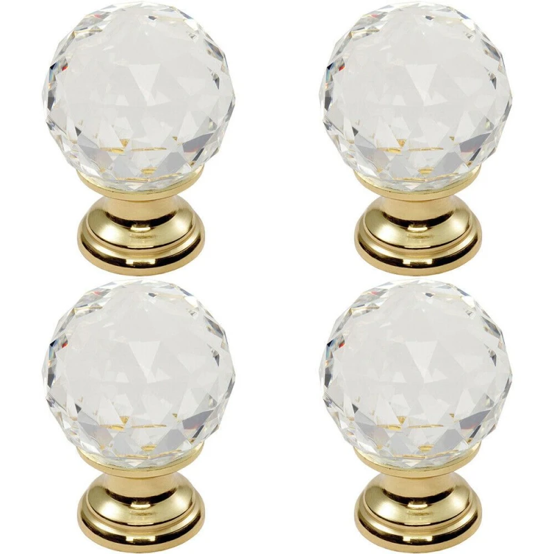 Image of Loops 4x Faceted Crystal Cupboard Door Knob 25mm Dia Polished Brass Cabinet Handle Metallics unisex