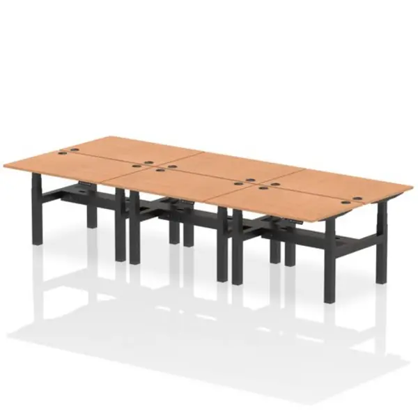 Image of Air Air Back-to-Back 1200 x 800mm Height Adjustable 6 Person Bench Desk Oak Top with Cable Ports Black Frame HASCP6P12800OAKB