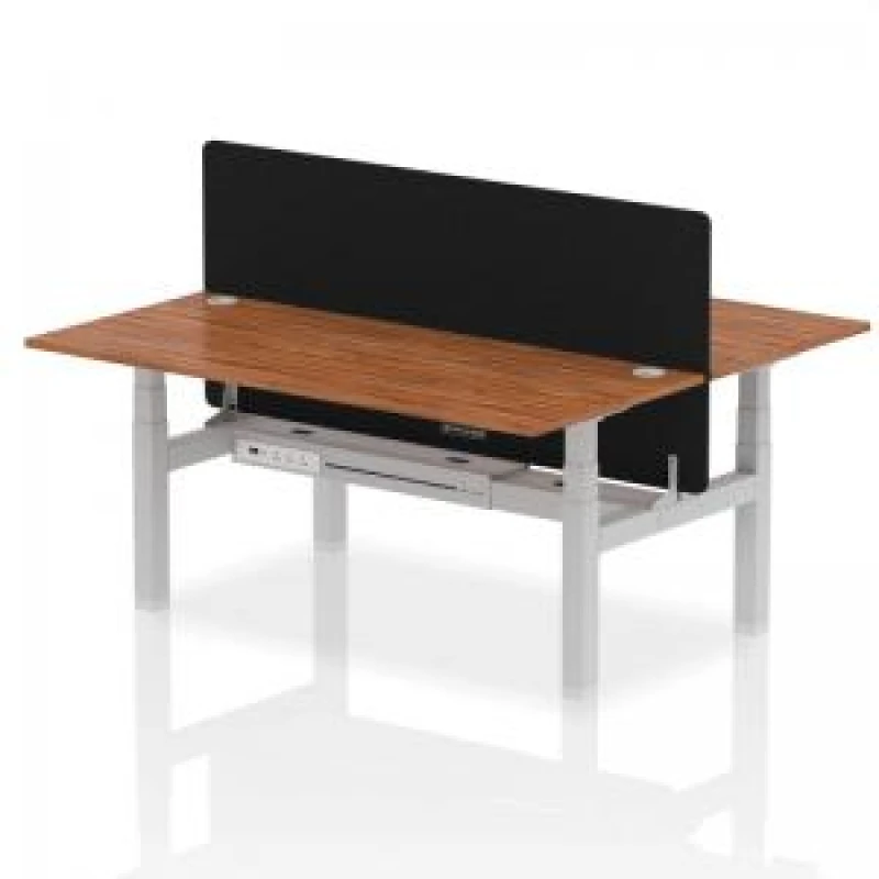 Image of Air Back - to - Back 1800 x 800mm Height Adjustable 2 Person Bench Office Desk Walnut Top - Cable Ports Silver Frame - Black Straight Screen