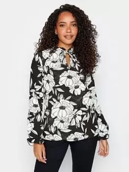 Image of M&Co Floral Tie Neck Blouse - Black, Size 10, Women