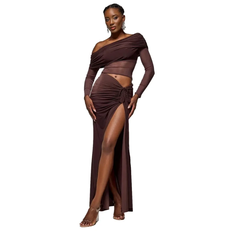 Image of Goddiva Womens Long Split Front Wrap Dress with Drawstring Goddiva Marron Female S