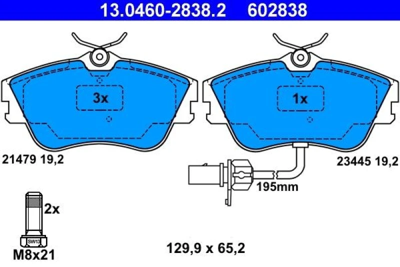 Image of ATE 13.0460-2838.2 Brake pad set incl. wear warning contact, with brake caliper screws Brake Pad Set,disc brake (402)