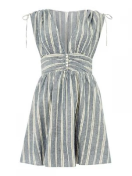 Free People Short Sleeved V Neck Striped Mini Dress Blue