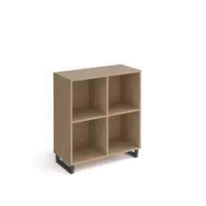 image of Sparta cube storage unit 950mm high with 4 open boxes and charcoal A-frame legs - oak