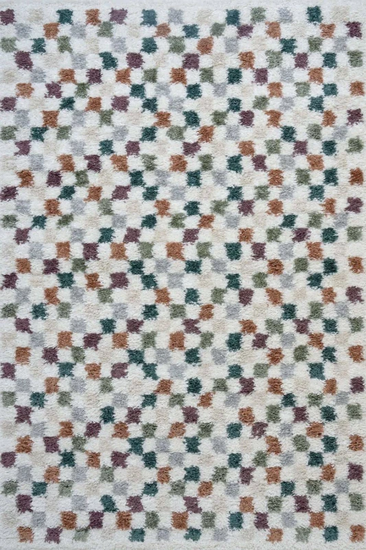 Image of THE RUGS Moodi Chequered Shaggy Soft High Pile Living Room Rug & Runner Size: 120cm diameter Multicolor Unisex 120cm diameter