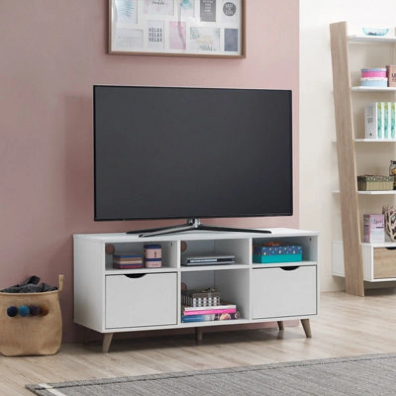 Image of Timber Art Design Pulford Scandi TV Unit Stand Cabinet 2 Drawer + Shelf White Media Cabinet