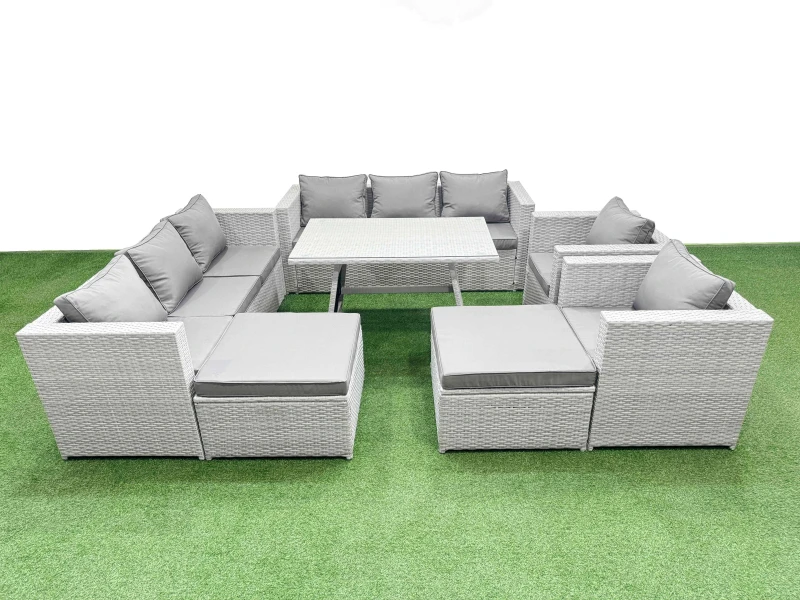 Image of Fimous 10 Seater Garden Furniture Set with 2 Big Stool Light Grey Light Grey Unisex