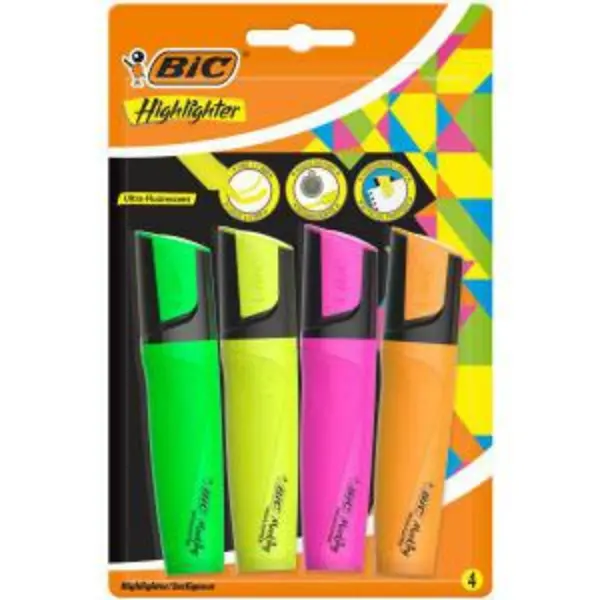 image of Bic Highlighter Pen with Clip Chisel Tip 1.7-4.8mm Assorted Colours EXR78100BC