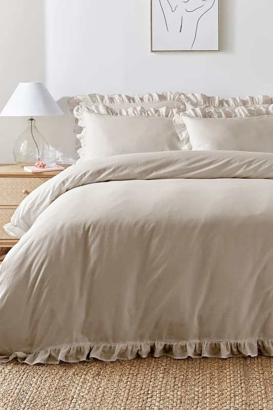 Image of Appletree 'Cassia Frill' 100% Cotton Relaxed Look Duvet Cover Set in Natural Size: Super King Natural Unisex Super King