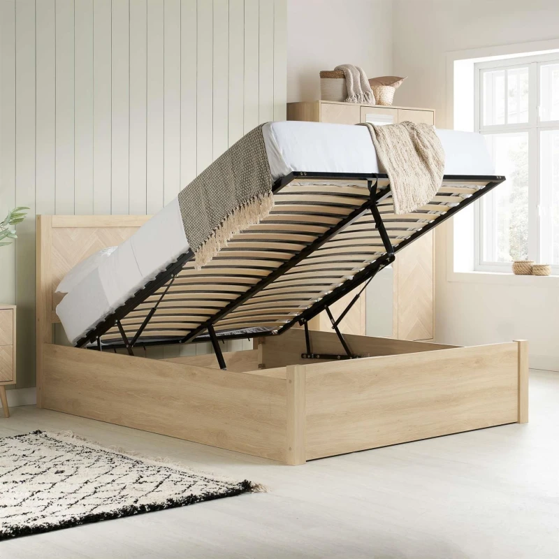 Image of Birlea Herringford 4ft6 Double Light Oak Wooden Ottoman Bed Frame