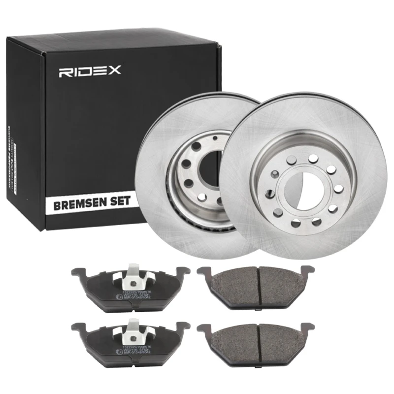 Image of RIDEX 3405B1515 Brake disc and pads set Front Axle, Brake Disc Type: internally vented, excl. wear warning contact Brake Set,disc brakes (3405)