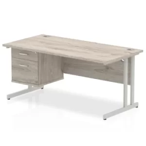 Image of Impulse 1600 Rectangle Silver Cant Leg Desk Grey Oak 1 x 2 Drawer Fixed Ped