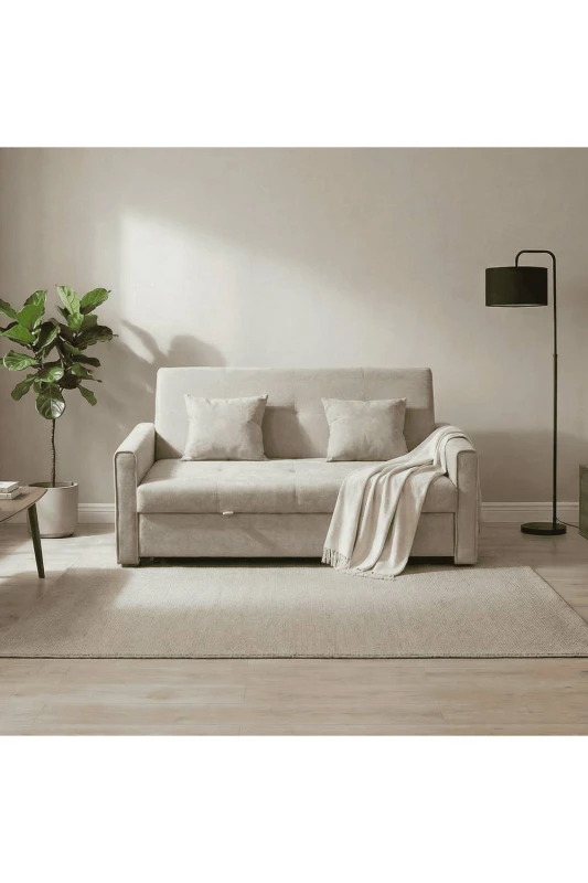 Image of Home Source Velvet Upholstered Two Seater Pull-Out Double Sofa Bed 153cm in Beige Beige Unisex