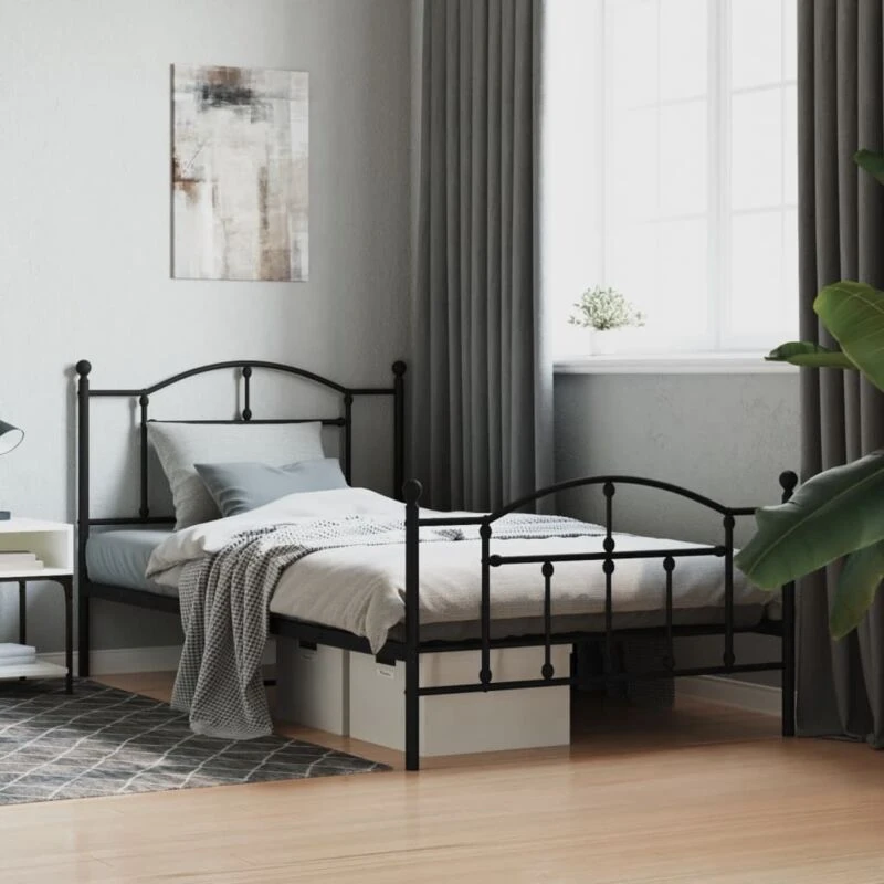Image of Vidaxl Metal Bed Frame Without Mattress With Footboard Black 107X203 Cm, Black 353453