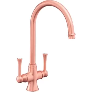 image of Traditional Estuary Kitchen Mixer Tap Twin Lever Swivel Curved Brushed Copper