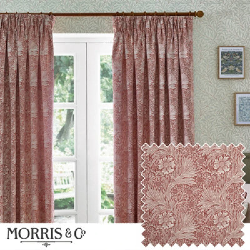 Image of Morris & Co Morris & Co Marigold Jacquard Floral Room Darkening Pencil Pleat Curtains in Red Size: 117cm width x 183cm drop Red 117cm width x 183cm
